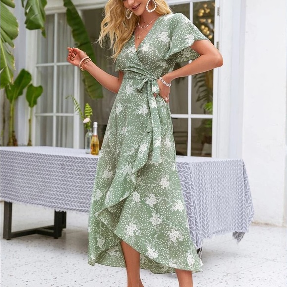 Simplee Slit Bell Sleeve Floral Ruffle Wrap Dress - Picture 7 of 8